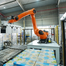 HỆ THỐNG ROBOT XẾP THÙNG LÊN PALLET TỰ ĐỘNG ( ROBOT PALLETIZER )